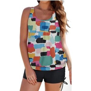 Swim Different Shine Bright Abstract Blouson Tankini Set XL Multicolor Black